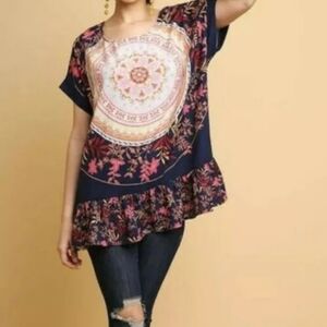 Umgee M Women's Blue Medallion Floral Oversized Tunic Top Flowy Swing